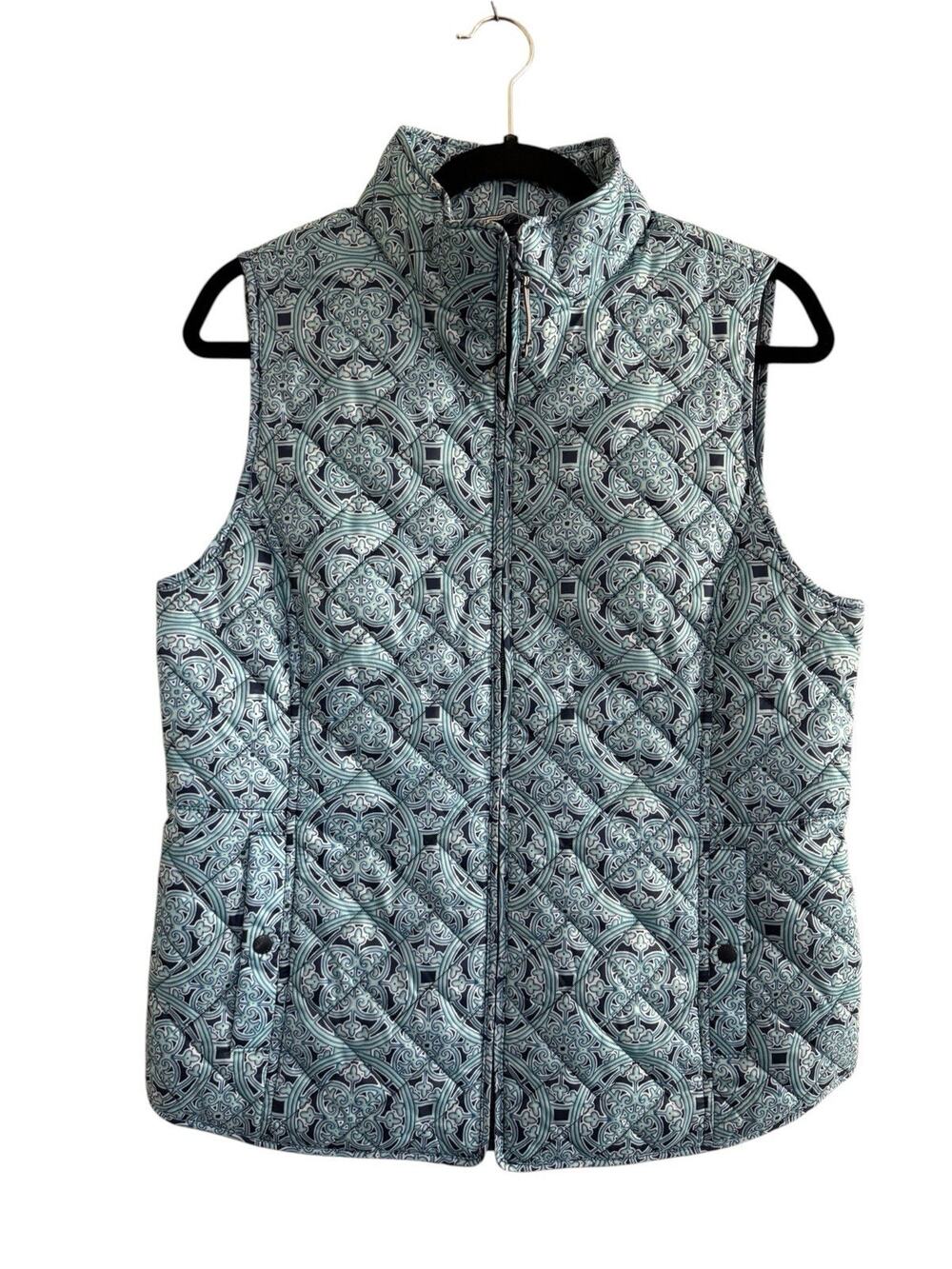 Talbots Womens Aqua Blue Medallion Full-Zip Quilted Puffer Vest Medium #7402
